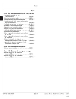 Índice
Página
Grupo 080—Sistema de admisión de aire y escape
Prolongación de vida útil del
turboalimentador . . . . . . . . . . . . . . . . . . . . .02-080-1
Retiro del turboalimentador . . . . . . . . . . . . . . .02-080-3
Análisis de fallas del turboalimentador . . . . . .02-080-4
Procedimiento de siete pasos de inspección
02
del turboalimentador . . . . . . . . . . . . . . . . . .02-080-6
Prueba de juego radial de cojinete . . . . . . . .02-080-13
Prueba de juego axial de cojinete . . . . . . . . .02-080-14
Reparación del turboalimentador. . . . . . . . . .02-080-14
Prelubricación del turboalimentador. . . . . . . .02-080-15
Instalación del turboalimentador . . . . . . . . . .02-080-16
Rodaje del turboalimentador . . . . . . . . . . . . .02-080-17
Retiro, inspección e instalación del múltiple
de escape . . . . . . . . . . . . . . . . . . . . . . . . .02-080-18
Retiro, inspección e instalación del múltiple
de admisión. . . . . . . . . . . . . . . . . . . . . . . .02-080-21
Retiro e instalación de conjunto de
posenfriador (motores 6105A y 6125A) . . .02-080-23
Inspección y reparación del posenfriador
(motores 6105A y 6125A) . . . . . . . . . . . . .02-080-24
Grupo 090—Sistema de combustible
Sistema de combustible . . . . . . . . . . . . . . . . .02-090-1
Grupo 100—Sistemas de arranque y de carga
Retiro e instalación de alternador
(motores OEM) . . . . . . . . . . . . . . . . . . . . . .02-100-1
Retiro e instalación de arrancador
(motores OEM) . . . . . . . . . . . . . . . . . . . . . .02-100-2
CTM101 (06APR04) 02-4 Motores diesel POWERTECH de 10.5 l y 12.5 l
041904
PN=4
 