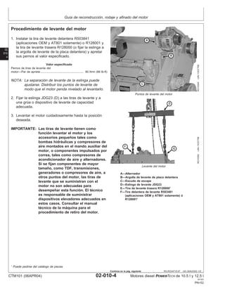Guı́a de reconstrucción, rodaje y afinado del motor
02
010
4
RG,RG34710,47 –63–20AUG02–1/2
Procedimiento de levante del motor
RG10349
–UN–13OCT99
Puntos de levante del motor
RG10350
–UN–13OCT99
Levante del motor
A—Alternador
B—Argolla de levante de placa delantera
C—Escudo de escape
D—Eslinga de levante JDG23
E—Tira de levante trasera R1280001
F—Tira delantera de levante R503481
(aplicaciones OEM y AT801 solamente) ó
R1280011
1. Instalar la tira de levante delantera R503841
(aplicaciones OEM y AT801 solamente) o R128001 y
la tira de levante trasera R128000 (o fijar la eslinga a
la argolla de levante de la placa delantera) y apretar
sus pernos al valor especificado.
Valor especificado
Pernos de tiras de levante del
motor—Par de apriete 90 N•m (66 lb-ft)
.....................................................
NOTA: La separación de levante de la eslinga puede
ajustarse. Distribuir los puntos de levante de
modo que el motor penda nivelado al levantarlo.
2. Fijar la eslinga JDG23 (D) a las tiras de levante y a
una grúa o dispositivo de levante de capacidad
adecuada.
3. Levantar el motor cuidadosamente hasta la posición
deseada.
IMPORTANTE: Las tiras de levante tienen como
función levantar el motor y los
accesorios pequeños tales como
bombas hidráulicas y compresores de
aire montados en el mando auxiliar del
motor, o componentes impulsados por
correa, tales como compresores de
acondicionador de aire y alternadores.
Si se fijan componentes de mayor
tamaño, como TDF, transmisiones,
generadores o compresores de aire, a
otros puntos del motor, las tiras de
levante que se suministran con el
motor no son adecuadas para
desempeñar esta función. El técnico
es responsable de suministrar
dispositivos elevadores adecuados en
estos casos. Consultar el manual
técnico de la máquina para el
procedimiento de retiro del motor.
1
Puede pedirse del catálogo de piezas.
CTM101 (06APR04) 02-010-4 Motores diesel POWERTECH de 10.5 l y 12.5 l
041904
PN=52
Continúa en la pág. siguiente
 