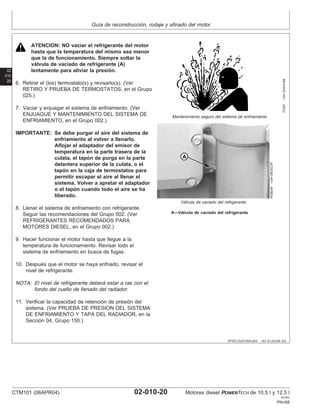 Guı́a de reconstrucción, rodaje y afinado del motor
02
010
20
DPSG,OUO1004,922 –63–01JUL99–2/2
TS281
–UN–23AUG88
Mantenimiento seguro del sistema de enfriamiento
RG8246
–UN–06DEC97
Válvula de vaciado del refrigerante
A—Válvula de vaciado del refrigerante
ATENCION: NO vaciar el refrigerante del motor
hasta que la temperatura del mismo sea menor
que la de funcionamiento. Siempre soltar la
válvula de vaciado de refrigerante (A)
lentamente para aliviar la presión.
6. Retirar el (los) termostato(s) y revisarlo(s). (Ver
RETIRO Y PRUEBA DE TERMOSTATOS, en el Grupo
025.)
7. Vaciar y enjuagar el sistema de enfriamiento. (Ver
ENJUAGUE Y MANTENIMIENTO DEL SISTEMA DE
ENFRIAMIENTO, en el Grupo 002.)
IMPORTANTE: Se debe purgar el aire del sistema de
enfriamiento al volver a llenarlo.
Aflojar el adaptador del emisor de
temperatura en la parte trasera de la
culata, el tapón de purga en la parte
delantera superior de la culata, o el
tapón en la caja de termostatos para
permitir escapar el aire al llenar el
sistema. Volver a apretar el adaptador
o el tapón cuando todo el aire se ha
liberado.
8. Llenar el sistema de enfriamiento con refrigerante.
Seguir las recomendaciones del Grupo 002. (Ver
REFRIGERANTES RECOMENDADOS PARA
MOTORES DIESEL, en el Grupo 002.)
9. Hacer funcionar el motor hasta que llegue a la
temperatura de funcionamiento. Revisar todo el
sistema de enfriamiento en busca de fugas.
10. Después que el motor se haya enfriado, revisar el
nivel de refrigerante.
NOTA: El nivel de refrigerante deberá estar a ras con el
fondo del cuello de llenado del radiador.
11. Verificar la capacidad de retención de presión del
sistema. (Ver PRUEBA DE PRESION DEL SISTEMA
DE ENFRIAMIENTO Y TAPA DEL RADIADOR, en la
Sección 04, Grupo 150.)
CTM101 (06APR04) 02-010-20 Motores diesel POWERTECH de 10.5 l y 12.5 l
041904
PN=68
 