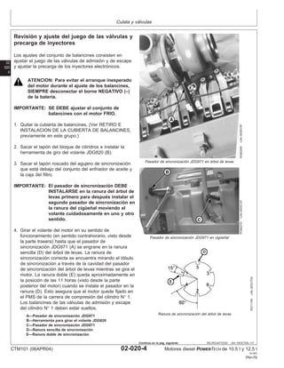 Culata y válvulas
02
020
4
RG,RG34710,63 –63–16OCT00–1/7
Revisión y ajuste del juego de las válvulas y
precarga de inyectores
RG8228A
–UN–05DEC97
Pasador de sincronización JDG971 en árbol de levas
RG8227D
–UN–05DEC97
Pasador de sincronización JDG971 en cigüeñal
RG11165
–UN–30OCT00
Ranura de sincronización del árbol de levas
A—Pasador de sincronización JDG971
B—Herramienta para girar el volante JDG820
C—Pasador de sincronización JDG971
D—Ranura sencilla de sincronización
E—Ranura doble de sincronización
Los ajustes del conjunto de balancines consisten en
ajustar el juego de las válvulas de admisión y de escape
y ajustar la precarga de los inyectores electrónicos.
ATENCION: Para evitar el arranque inesperado
del motor durante el ajuste de los balancines,
SIEMPRE desconectar el borne NEGATIVO (–)
de la baterı́a.
IMPORTANTE: SE DEBE ajustar el conjunto de
balancines con el motor FRIO.
1. Quitar la cubierta de balancines. (Ver RETIRO E
INSTALACION DE LA CUBIERTA DE BALANCINES,
previamente en este grupo.)
2. Sacar el tapón del bloque de cilindros e instalar la
herramienta de giro del volante JDG820 (B).
3. Sacar el tapón roscado del agujero de sincronización
que está debajo del conjunto del enfriador de aceite y
la caja del filtro.
IMPORTANTE: El pasador de sincronización DEBE
INSTALARSE en la ranura del árbol de
levas primero para después instalar el
segundo pasador de sincronización en
la ranura del cigüeñal moviendo el
volante cuidadosamente en uno y otro
sentido.
4. Girar el volante del motor en su sentido de
funcionamiento (en sentido contrahorario, visto desde
la parte trasera) hasta que el pasador de
sincronización JDG971 (A) se engrane en la ranura
sencilla (D) del árbol de levas. La ranura de
sincronización correcta se encuentra mirando el lóbulo
de sincronización a través de la cavidad del pasador
de sincronización del árbol de levas mientras se gira el
motor. La ranura doble (E) queda aproximadamente en
la posición de las 11 horas (visto desde la parte
posterior del motor) cuando se instala el pasador en la
ranura (D). Esto asegura que el motor quede fijado en
el PMS de la carrera de compresión del cilindro N° 1.
Los balancines de las válvulas de admisión y escape
del cilindro N° 1 deben estar sueltos.
CTM101 (06APR04) 02-020-4 Motores diesel POWERTECH de 10.5 l y 12.5 l
041904
PN=76
Continúa en la pág. siguiente
 
