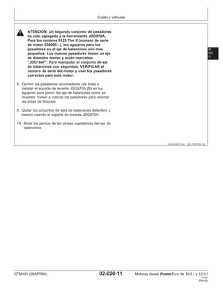 Culata y válvulas
02
020
11
RG,RG34710,64 –63–21DEC00–2/2
ATENCION: Un segundo conjunto de pasadores
ha sido agregado a la herramienta JDG970A.
Para los motores 6125 Tier II (número de serie
de motor 030000—), los agujeros para los
pasadores en el eje de balancines son más
pequeños. Los nuevos pasadores tienen un eje
de diámetro menor y están marcados
“JDG1847”. Para manipular el conjunto de eje
de balancines con seguridad, VERIFICAR el
número de serie del motor y usar los pasadores
correctos para este motor.
8. Oprimir los pasadores accionadores (de bola) e
instalar el soporte de levante JDG970A (B) en los
agujeros para perno del eje de balancines como se
muestra. Volver a colocar los pasadores para asentar
las bolas de bloqueo.
9. Quitar los conjuntos de ejes de balancines delantero y
trasero usando el soporte de levante JDG970A.
10. Botar los pernos de las pinzas sujetadoras del eje de
balancines.
CTM101 (06APR04) 02-020-11 Motores diesel POWERTECH de 10.5 l y 12.5 l
041904
PN=83
 