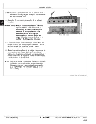 Culata y válvulas
02
020
16
RG,RG34710,65 –63–13AUG99–5/5
RG8285
–UN–21MAY98
Retiro de la culata
NOTA: Si se va a quitar la culata con el árbol de levas
instalado, habrá que girar éste para retirar dos de
los pernos de la culata.
14. Sacar los 26 pernos con arandelas de la culata y
botarlos.
IMPORTANTE: NO USAR destornilladores o barras
apalancadoras entre el bloque de
cilindros y la culata para aflojar el
sello de la empaquetadura. Los
destornilladores y las barras
apalancadoras pueden dañar las
superficies de empaquetadura de la
culata y del bloque de cilindros.
15. Levantar la culata cuidadosamente para quitarla del
bloque usando una eslinga o grúa de taller. Colocar
la culata sobre una superficie limpia y plana.
16. Quitar la empaquetadura de la culata. Inspeccionar la
empaquetadura en busca de imperfecciones de
fabricación. Inspeccionar la culata y empaquetadura y
buscar evidencias de fugas de aceite, de refrigerante
o de la cámara de combustión.
NOTA: NO hacer girar el cigüeñal del motor con la culata
retirada, a menos que todas las camisas estén
fijadas con pernos y arandelas planas grandes.
(Ver RETIRO DE PISTONES Y BIELAS en el
Grupo 030.)
CTM101 (06APR04) 02-020-16 Motores diesel POWERTECH de 10.5 l y 12.5 l
041904
PN=88
 