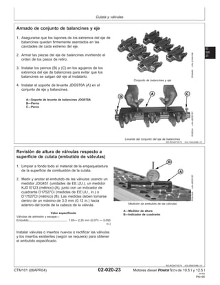 Culata y válvulas
02
020
23
RG,RG34710,73 –63–13AUG99–1/1
Armado de conjunto de balancines y eje
RG8460
–UN–21MAY98
Conjunto de balancines y eje
RG8304
–UN–06DEC97
Levante del conjunto del eje de balancines
A—Soporte de levante de balancines JDG970A
B—Perno
C—Perno
1. Asegurarse que los tapones de los extremos del eje de
balancines queden firmemente asentados en las
cavidades de cada extremo del eje.
2. Armar las piezas del eje de balancines invirtiendo el
orden de los pasos de retiro.
3. Instalar los pernos (B) y (C) en los agujeros de los
extremos del eje de balancines para evitar que los
balancines se salgan del eje al instalarlo.
4. Instalar el soporte de levante JDG970A (A) en el
conjunto de eje y balancines.
RG,RG34710,74 –63–03NOV99–1/1
Revisión de altura de válvulas respecto a
superficie de culata (embutido de válvulas)
RG8330A
–UN–09DEC97
Medición de embutido de las válvulas
A—Medidor de altura
B—Indicador de cuadrante
1. Limpiar a fondo todo el material de la empaquetadura
de la superficie de combustión de la culata.
2. Medir y anotar el embutido de las válvulas usando un
medidor JDG451 (unidades de EE.UU.), un medidor
KJD10123 (métrico) (A), junto con un indicador de
cuadrante D17527CI (medidas de EE.UU., in.) o
D17527CI (métrico) (B). Las medidas deben tomarse
dentro de un máximo de 3.0 mm (0.12 in.) hacia
adentro del borde de la cabeza de la válvula.
Valor especificado
Válvulas de admisión y escape—
Embutido 1.85— 2.35 mm (0.073 — 0.093
in.)
.................................................
Instalar válvulas o insertos nuevos o rectificar las válvulas
y los insertos existentes (según se requiera) para obtener
el embutido especificado.
CTM101 (06APR04) 02-020-23 Motores diesel POWERTECH de 10.5 l y 12.5 l
041904
PN=95
 