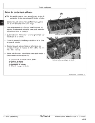 Culata y válvulas
02
020
24
RG,RG34710,75 –63–30SEP97–1/1
Retiro del conjunto de válvulas
RG8305
–UN–06DEC97
Retiro de resortes de válvula
RG8306B
–UN–06DEC97
Retiro de sellos de vástagos de válvula
A—Compresor de resortes de válvula JDG982
B—Resortes de válvula
C—Giradores de válvula
D—Retenedores de válvulas
E—Sellos de vástagos de válvula
NOTA: Es posible usar un imán pequeño para facilitar la
extracción de los retenedores (D) de las válvulas.
1. Colocar la culata sobre una superficie limpia y plana
con la cara de combustión hacia abajo.
2. Usar la herramienta JDG982 (A) para comprimir los
resortes de válvulas lo suficiente para poder sacar los
retenedores como se muestra.
3. Quitar la tensión del resorte y sacar el girador (C) y el
resorte (B) de la válvula.
4. Quitar los sellos (E) de vástago de válvula de la torre
de guı́a de válvula.
5. Colocar la culata sobre el lado de la toma de aire
usando un bloque de madera de 1016 x 51 x 102 mm
(40 x 2.0 x 4.0 in.).
6. Retirar las válvulas e identificarlas para poder volver a
colocarlas en la misma posición.
CTM101 (06APR04) 02-020-24 Motores diesel POWERTECH de 10.5 l y 12.5 l
041904
PN=96
 