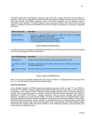 17
The eNB controls time and frequency resources used by the UE to report CQI which can be periodic or
aperiodic. A UE can be configured to have both periodic and aperiodic reporting at the same time. In the case
when both periodic and aperiodic reporting occurs in the same subframe, only the aperiodic report is
transmitted in that subframe. The eNB configures a set of sizes and formats of the reports; size and format
depend on whether the report is transmitted over PUCCH or PUSCH and whether it is a periodic or aperiodic
CQI report.
Modes of Reporting Description
Periodic Reporting ƒ When UE is allocated PUSCH resources, periodic CQI report is transmitted
together with uplink data on the PUSCH
ƒ Otherwise, periodic CQI reports are sent on the PUCCH
Aperiodic Reporting ƒ The report is scheduled by the eNB via PDCCH
ƒ Transmitted together with uplink data on PUSCH
Table 5: Modes of CQI Reporting
For efficient support of localized and distributed transmissions, E-UTRA supports three types of CQI reporting
and UE can be configured in either of three types:
Type of CQI Reporting Description
Wideband CQI Provide channel quality information for entire system bandwidth of the cell
UE selected Subband
CQI
UE selects a subband (a subset of RB) to report CQI value; eNB allocates resources
out of that subband to UE
Higher Layer configured
CQI
Used only in aperiodic CQI reporting; network instructs the UE about the subbands
Table 6: Types of CQI Reporting
When a CQI report is transmitted together with uplink data on PUSCH, it is multiplexed with the transport block
by L1 (i.e., the CQI report is not part of uplink transport block).
Downlink Scheduling
In the downlink direction, E-UTRAN dynamically allocates resources to UEs at each TTI via C-RNTI on
PDCCH(s). The downlink scheduler attempts to schedule all those UEs which have data to be transmitted in
the downlink. A UE always monitors PDCCH(s) to find possible allocation when its downlink reception is
enabled. Each UE scans through the contents of PDCCH for Downlink Control Information (DCI) Format 1
associated to C-RNTI. DCI Format 1 provides information such as resource allocation type, bitmap for
allocation, modulation and coding scheme (MCS), and index to HARQ process and transmit power control.
Resource allocation information provides information to the UE about how and which PDSCH to be accessed.
Information about the downlink channel conditions is provided by the UE via channel-quality reports called
Channel Quality Indication (CQI). CQI reports are based on the measurements of downlink reference signals.
Schedulers also consider buffer status and priorities in their scheduling decisions; priority depends upon
service types and subscription types.
MC00242
 