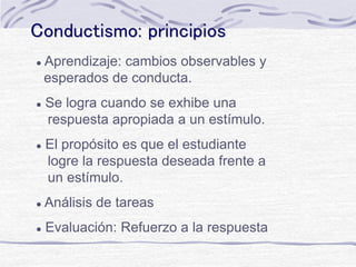 Conductismo: principios
 Aprendizaje: cambios observables y
esperados de conducta.
 Se logra cuando se exhibe una
respuesta apropiada a un estímulo.
 El propósito es que el estudiante
logre la respuesta deseada frente a
un estímulo.
 Análisis de tareas
 Evaluación: Refuerzo a la respuesta
 