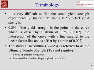 Terminology
• It is very difficult to find the actual yield strength
experimentally. Instead, we use a 0.2% offset yield
strength.
• 0.2% offset yield strength is the point on the curve
which is offset by a strain of 0.2% (0.002) [the
intersection of the curve with a line parallel to the
linear elastic line and is offset by a strain of 0.002]
• The stress at maximum (Fmax/Ao) is referred to as the
Ultimate Tensile Strength (TS) and signifies:
– the end of uniform elongation.
– the start of localized necking i.e. plastic instability.
10
 