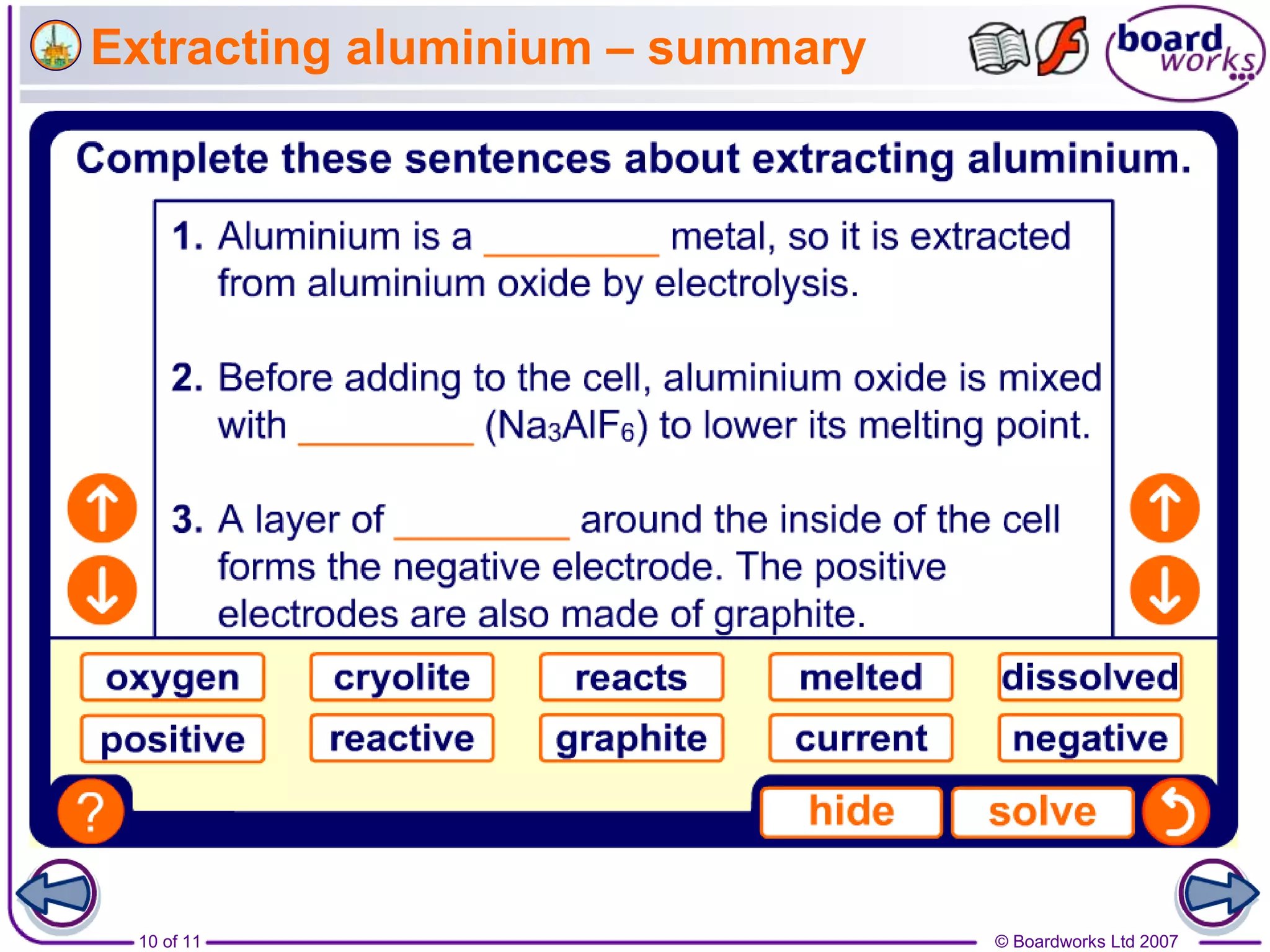 10 of 11 © Boardworks Ltd 2007
Extracting aluminium – summary
 