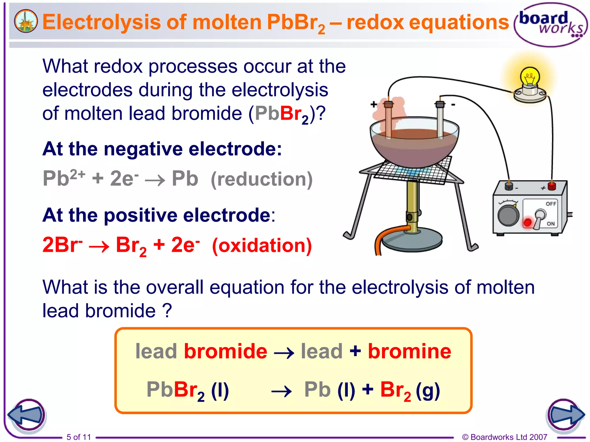 5 of 11 © Boardworks Ltd 2007
What redox processes occur at the
electrodes during the electrolysis
of molten lead bromide (PbBr2)?
Electrolysis of molten PbBr2 – redox equations
What is the overall equation for the electrolysis of molten
lead bromide ?
At the negative electrode:
Pb2+ + 2e-  Pb (reduction)
lead bromide  lead + bromine
PbBr2 (l)  Pb (l) + Br2 (g)
At the positive electrode:
2Br-  Br2 + 2e- (oxidation)
 