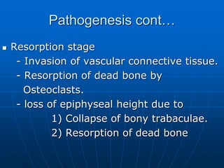 Pathogenesis cont…
 Resorption stage
- Invasion of vascular connective tissue.
- Resorption of dead bone by
Osteoclasts.
- loss of epiphyseal height due to
1) Collapse of bony trabaculae.
2) Resorption of dead bone
 