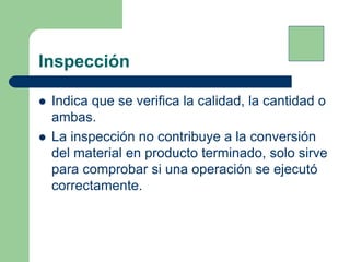 Inspección
 Indica que se verifica la calidad, la cantidad o
ambas.
 La inspección no contribuye a la conversión
del mat...