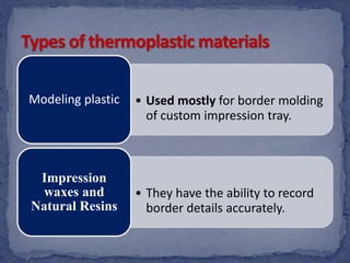 • Used mostly for border molding
of custom impression tray.
Modeling plastic
• They have the ability to record
border details accurately.
Impression
waxes and
Natural Resins
 