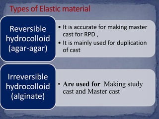 • It is accurate for making master
cast for RPD ,
• It is mainly used for duplication
of cast
Reversible
hydrocolloid
(agar-agar)
• Are used for Making study
cast and Master cast
Irreversible
hydrocolloid
(alginate)
 