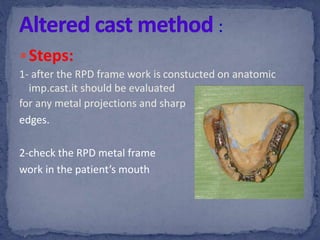 Steps:
1- after the RPD frame work is constucted on anatomic
imp.cast.it should be evaluated
for any metal projections and sharp
edges.
2-check the RPD metal frame
work in the patient’s mouth
 