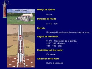 Manejo de sólidos
Pobre
Densidad de Fluido
8 - 45° API
Servicio
Removido Hidraulicamente o con línea de acero
Angulo de desviación
0 - 90° Colocacion de la Bomba.
<15°/100’ (Piston)
<24°/100’ (Jet)
Flexibilidad del tipo motor
Excelente
Aplicación costa fuera
Buena a excelente
 