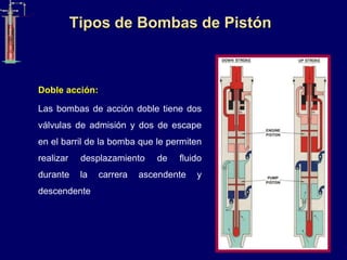 Tipos de Bombas de Pistón
Doble acción:
Las bombas de acción doble tiene dos
válvulas de admisión y dos de escape
en el barril de la bomba que le permiten
realizar desplazamiento de fluido
durante la carrera ascendente y
descendente
 