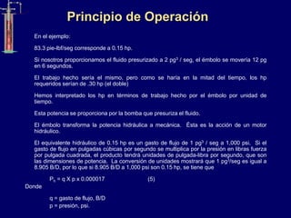 Principio de Operación
En el ejemplo:
83.3 pie-lbf/seg corresponde a 0.15 hp.
Si nosotros proporcionamos el fluido presurizado a 2 pg3 / seg, el émbolo se movería 12 pg
en 6 segundos.
El trabajo hecho sería el mismo, pero como se haría en la mitad del tiempo, los hp
requeridos serían de .30 hp (el doble)
Hemos interpretado los hp en términos de trabajo hecho por el émbolo por unidad de
tiempo.
Esta potencia se proporciona por la bomba que presuriza el fluido.
El émbolo transforma la potencia hidráulica a mecánica. Ésta es la acción de un motor
hidráulico.
El equivalente hidráulico de 0.15 hp es un gasto de flujo de 1 pg3 / seg a 1,000 psi. Si el
gasto de flujo en pulgadas cúbicas por segundo se multiplica por la presión en libras fuerza
por pulgada cuadrada, el producto tendrá unidades de pulgada-libra por segundo, que son
las dimensiones de potencia. La conversión de unidades mostrará que 1 pg3/seg es igual a
8.905 B/D, por lo que si 8.905 B/D a 1,000 psi son 0.15 hp, se tiene que
Ph = q X p x 0.000017 (5)
Donde
q = gasto de flujo, B/D
p = presión, psi.
 