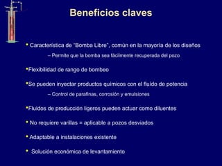 • Característica de “Bomba Libre”, común en la mayoría de los diseños
– Permite que la bomba sea fácilmente recuperada del pozo
•Flexibilidad de rango de bombeo
•Se pueden inyectar productos químicos con el fluído de potencia
– Control de parafinas, corrosión y emulsiones
•Fluidos de producción ligeros pueden actuar como diluentes
• No requiere varillas = aplicable a pozos desviados
• Adaptable a instalaciones existente
• Solución económica de levantamiento
Beneficios claves
 