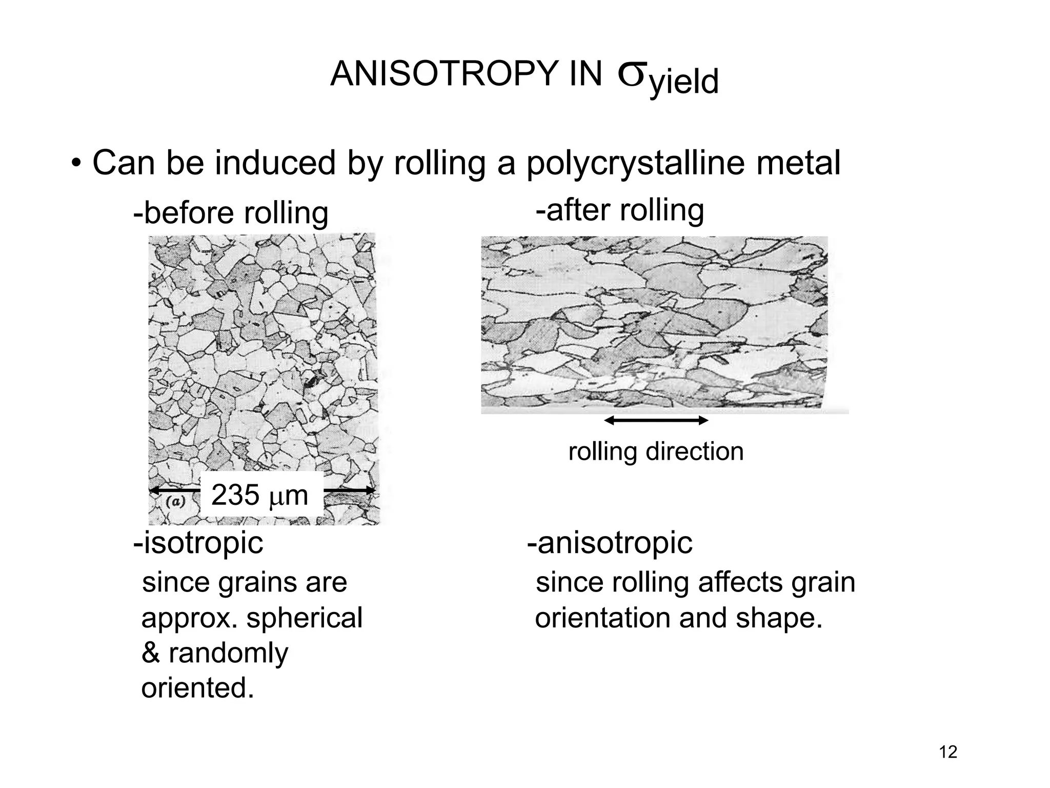 • Can be induced by rolling a polycrystalline metal
12
-before rolling -after rolling
235 mm
-isotropic
since grains are
approx. spherical
& randomly
oriented.
-anisotropic
since rolling affects grain
orientation and shape.
rolling direction
ANISOTROPY IN yield
 