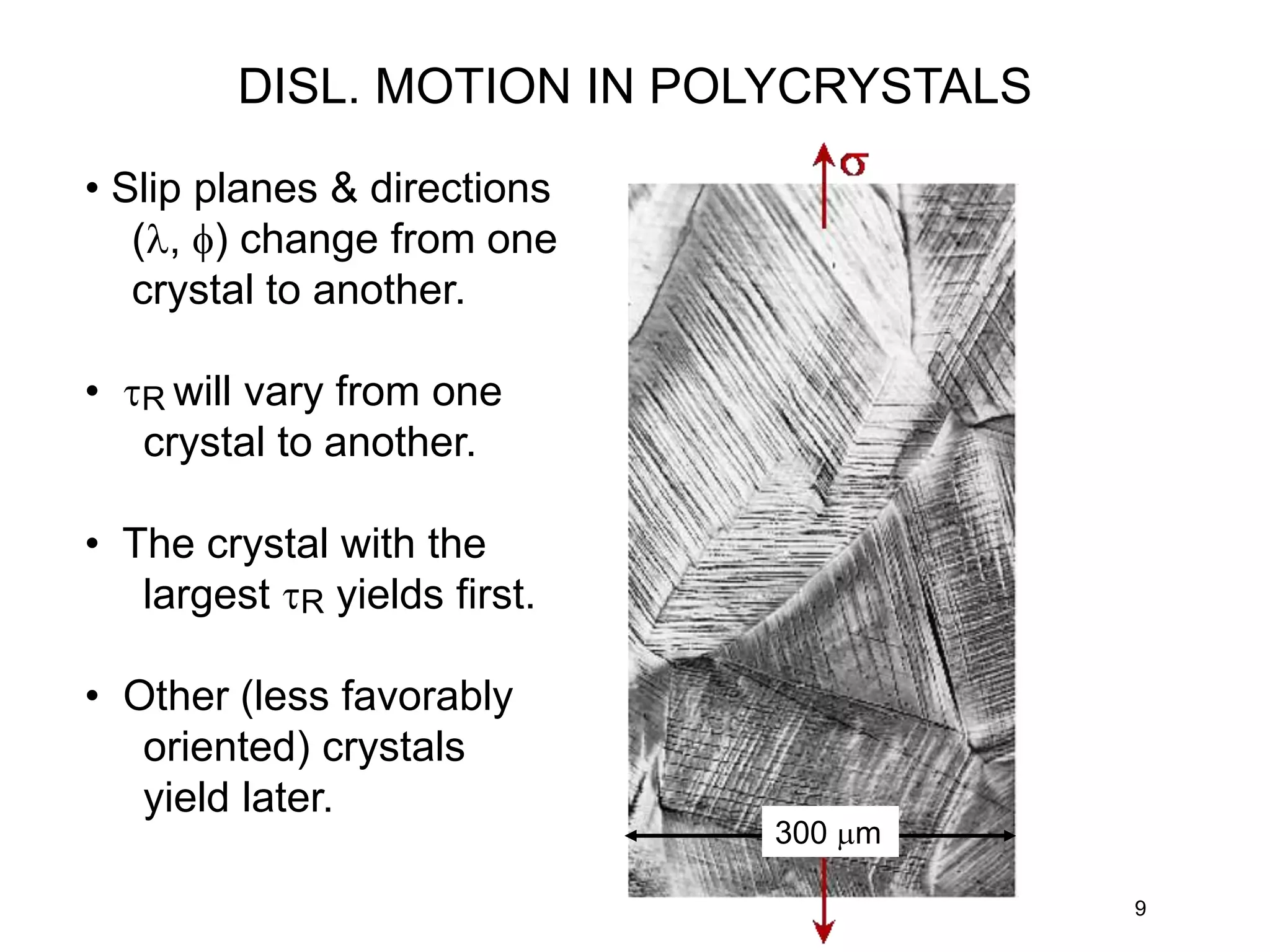 9
• Slip planes & directions
(, ) change from one
crystal to another.
• tR will vary from one
crystal to another.
• The crystal with the
largest tR yields first.
• Other (less favorably
oriented) crystals
yield later.
300 mm
DISL. MOTION IN POLYCRYSTALS
 