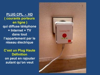 PLUG CPL - HD
( courants porteurs
en ligne )
qui diffuse téléphone
+ Internet + TV
dans tout
l’appartement par le
réseau é...