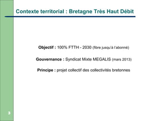 3
Objectif : 100% FTTH - 2030 (fibre jusqu’à l’abonné)
Gouvernance : Syndicat Mixte MEGALIS (mars 2013)
Principe : projet ...