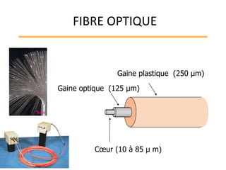 Cœur (10 à 85 μ m)
Gaine optique (125 μm)
Gaine plastique (250 μm)
FIBRE OPTIQUE
 