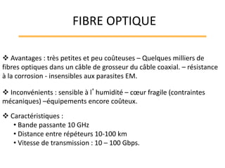  Avantages : très petites et peu coûteuses – Quelques milliers de
fibres optiques dans un câble de grosseur du câble coaxial. – résistance
à la corrosion - insensibles aux parasites EM.
 Inconvénients : sensible à l’humidité – cœur fragile (contraintes
mécaniques) –équipements encore coûteux.
 Caractéristiques :
• Bande passante 10 GHz
• Distance entre répéteurs 10-100 km
• Vitesse de transmission : 10 – 100 Gbps.
FIBRE OPTIQUE
 