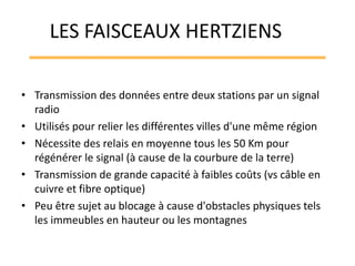• Transmission des données entre deux stations par un signal
radio
• Utilisés pour relier les différentes villes d'une même région
• Nécessite des relais en moyenne tous les 50 Km pour
régénérer le signal (à cause de la courbure de la terre)
• Transmission de grande capacité à faibles coûts (vs câble en
cuivre et fibre optique)
• Peu être sujet au blocage à cause d'obstacles physiques tels
les immeubles en hauteur ou les montagnes
LES FAISCEAUX HERTZIENS
 