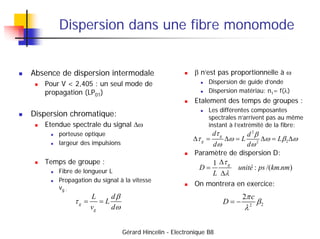 Gérard Hincelin - Electronique B8
Dispersion dans une fibre monomode
 Absence de dispersion intermodale
 Pour V < 2,405 ...