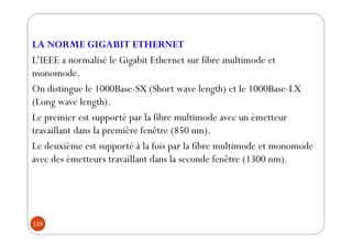 LA NORME GIGABIT ETHERNET
L’IEEE a normalisé le Gigabit Ethernet sur fibre multimode et
monomode.
On distingue le 1000Base...