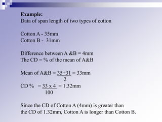 Example:
Data of span length of two types of cotton
Cotton A - 35mm
Cotton B - 31mm
Difference between A &B = 4mm
The CD = % of the mean of A&B
Mean of A&B = 35+31 = 33mm
2
CD % = 33 x 4 = 1.32mm
100
Since the CD of Cotton A (4mm) is greater than
the CD of 1.32mm, Cotton A is longer than Cotton B.
 