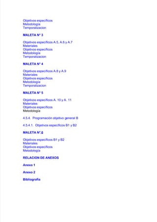 O9:eti"os espec@$icos
0etodolo!@a
Bemporaliacion
MALETA $5 2
O9:eti"os espec@$icos #82= #81 y #8+
0ateriales
O9:eti"os espec@$icos
0etodolo!@a
Bemporaliacion
MALETA $5 4
O9:eti"os espec@$icos #8( y #8-
0ateriales
O9:eti"os espec@$icos
0etodolo!@a
Bemporaliacion
MALETA $5 6
O9:eti"os espec@$icos #8 3 y #8 33
0ateriales
O9:eti"os espec@$icos
0etodolo!@a
)828)8 Pro!ramación o9:eti"o !eneral &
)828)838 O9:eti"os espec@$icos &3 y &,
MALETA $5 7
O9:eti"os espec@$icos &3 y &,
0ateriales
O9:eti"os espec@$icos
0etodolo!@a
'ELA,"O$ DE A$E8O%
Ane9o .
Ane9o 0
:i;liograf<a
 