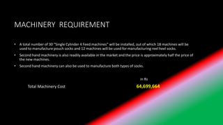 MACHINERY REQUIREMENT
• A total number of 30 “Single Cylinder 4 Feed machines” will be installed, out of which 18 machines will be
used to manufacture pouch socks and 12 machines will be used for manufacturing reel heel socks.
• Second hand machinery is also readily available in the market and the price is approximately half the price of
the new machines.
• Second hand machinery can also be used to manufacture both types of socks.
in Rs
Total Machinery Cost 64,699,664
 