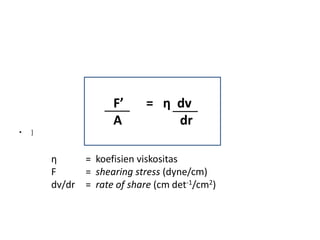 • ]
η = koefisien viskositas
F = shearing stress (dyne/cm)
dv/dr = rate of share (cm det-1/cm2)
F’ = η dv
A dr
 