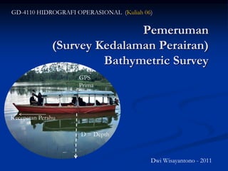 Pemeruman
(Survey Kedalaman Perairan)
Bathymetric Survey
GD-4110 HIDROGRAFI OPERASIONAL (Kuliah 06)
D = Depth
Kecepatan Perahu
GPS
Prima
Dwi Wisayantono - 2011
 