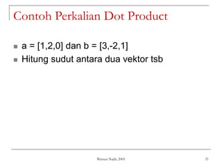 Warsun Najib, 2005 21
Contoh Perkalian Dot Product
 a = [1,2,0] dan b = [3,-2,1]
 Hitung sudut antara dua vektor tsb
 