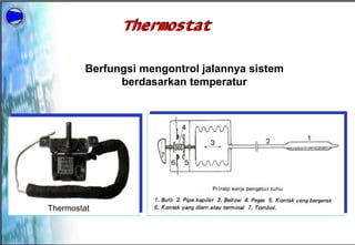 Thermostat
Berfungsi mengontrol jalannya sistem
berdasarkan temperatur
Thermostat
 