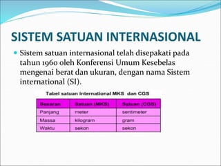 SISTEM SATUAN INTERNASIONAL
 Sistem satuan internasional telah disepakati pada
tahun 1960 oleh Konferensi Umum Kesebelas
mengenai berat dan ukuran, dengan nama Sistem
international (SI).
 