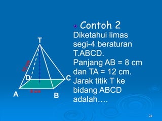 24
Contoh 2
Diketahui limas
segi-4 beraturan
T.ABCD.
Panjang AB = 8 cm
dan TA = 12 cm.
Jarak titik T ke
bidang ABCD
adalah….
8 cm
T
C
A B
D
 