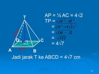 26
AP = ½ AC = 4√2
TP =
=
=
=
= 4√7
8 cm
T
C
A B
D P
2
2
AP
AT 
2
2
)
2
4
(
12 
32
144 
112
Jadi jarak T ke ABCD = 4√7 cm
 