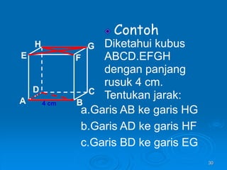 30
Contoh
Diketahui kubus
ABCD.EFGH
dengan panjang
rusuk 4 cm.
Tentukan jarak:
A B
C
D
H
E F
G
4 cm
a.Garis AB ke garis HG
b.Garis AD ke garis HF
c.Garis BD ke garis EG
 