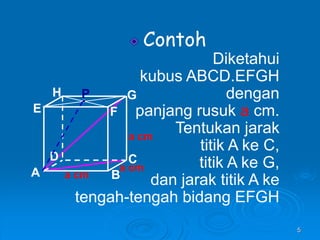 5
Contoh
Diketahui
kubus ABCD.EFGH
dengan
panjang rusuk a cm.
Tentukan jarak
titik A ke C,
titik A ke G,
dan jarak titik A ke
tengah-tengah bidang EFGH
A B
C
D
H
E F
G
a cm
a cm
a cm
P
 