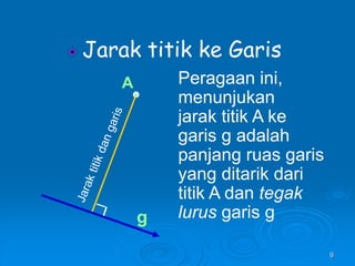 9
Jarak titik ke Garis
A
g
Peragaan ini,
menunjukan
jarak titik A ke
garis g adalah
panjang ruas garis
yang ditarik dari
titik A dan tegak
lurus garis g
 