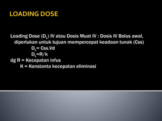 LOADING DOSE
Loading Dose (DL) IV atau Dosis Muat IV : Dosis IV Bolus awal,
diperlukan untuk tujuan mempercepat keadaan tunak (Css)
DL= Css.Vd
DL=R/k
dg R = Kecepatan infus
K = Konstanta kecepatan eliminasi
 