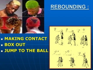 REBOUNDING :
 MAKING CONTACT
 BOX OUT
 JUMP TO THE BALL
 