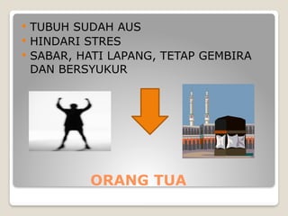 ORANG TUA
 TUBUH SUDAH AUS
 HINDARI STRES
 SABAR, HATI LAPANG, TETAP GEMBIRA
DAN BERSYUKUR
 