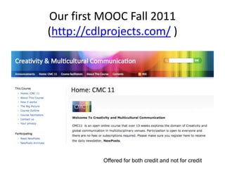 Our first MOOC Fall 2011
(http://cdlprojects.com/ )
Offered for both credit and not for credit
 