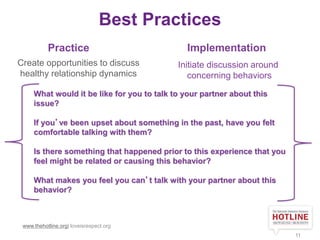 Best Practices
www.thehotline.org| loveisrespect.org
11
Practice Implementation
Create opportunities to discuss
healthy re...