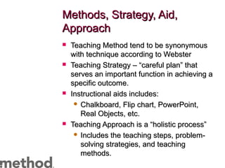 Methods, Strategy, Aid,Methods, Strategy, Aid,
ApproachApproach
 Teaching Method tend to be synonymousTeaching Method tend to be synonymous
with technique according to Websterwith technique according to Webster
 Teaching Strategy – “careful plan” thatTeaching Strategy – “careful plan” that
serves an important function in achieving aserves an important function in achieving a
specific outcome.specific outcome.
 Instructional aids includes:Instructional aids includes:
 Chalkboard, Flip chart, PowerPoint,Chalkboard, Flip chart, PowerPoint,
Real Objects, etc.Real Objects, etc.
 Teaching Approach is a “holistic process”Teaching Approach is a “holistic process”
 Includes the teaching steps, problem-Includes the teaching steps, problem-
solving strategies, and teachingsolving strategies, and teaching
methods.methods.
 